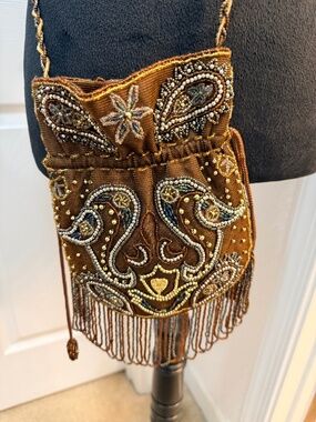 Vintage Inspired Beaded Evening Bag – Gold & Brown Fringe Crossbody